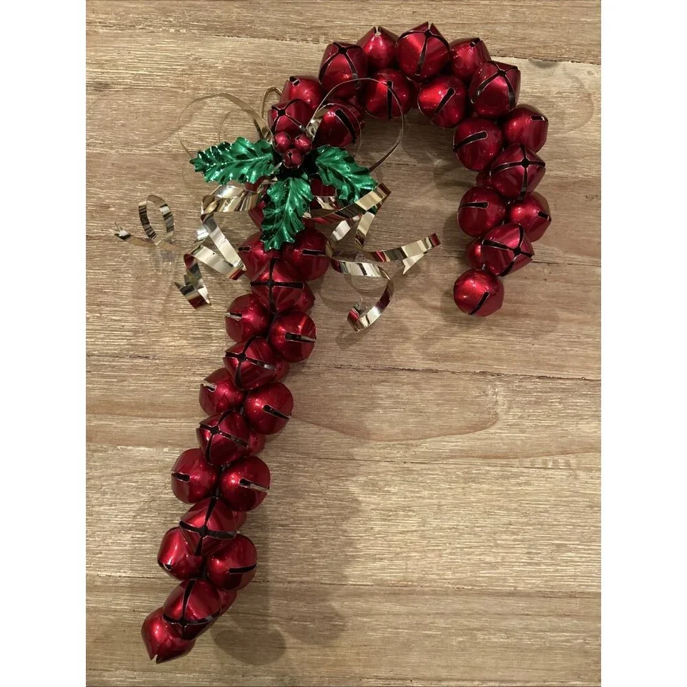 Red Jingle Bell Christmas Candy Cane Wreath Metal Brass Bow Holly Leaves
